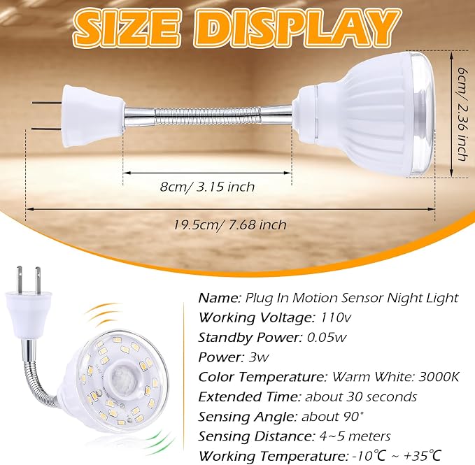 3 Pack Motion Activated LED Night Light Plug in Sensor Light,Warm White | PIR Infrared Sensor, Smart Dusk Dawn Motion Detector Lamp, Flexible Rotating, for Hallway Stairway Garage Basement