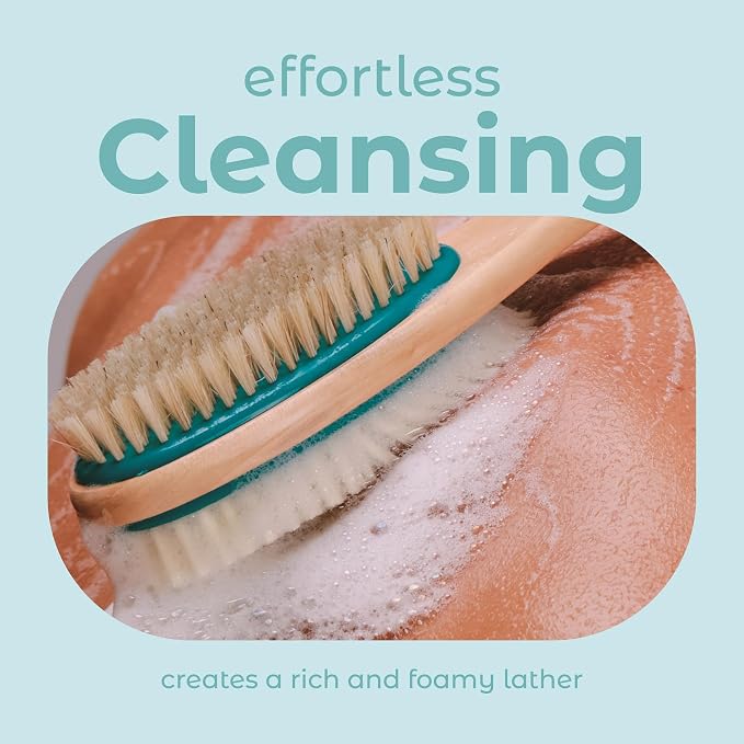 MainBasics Back Scrubber Shower Brush, Teal, Long Handle | Dual Sided Body Brush, Exfoliating Bristles and Soft Bristles, Back Scrubbing, Deep Cleaning