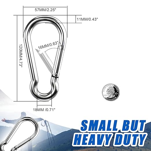 Large Carabiner Clip Hooks, 2pcs 4.7 inch Carabiners Heavy Duty, 304 Stainless Steel Spring Snap Hook Fits Camping Hanging Hiking Weight Lifting, Metal Clips for Rope or Chain