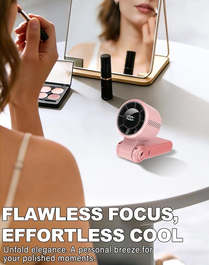 Portable Handheld Turbo Fan - 5 Speed Mini Personal Fan with Strong Airflow, Foldable 3 in 1 Rechargeable Battery Operated Trave Essentials Hand Fans for Indoor/Outdoor Use, Pink