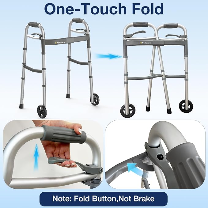Standard Walkers for Seniors,Folding Walker with Front Wheels, Height and Width Adjustable Standard Walker,350lbs Capacity, Lightweight Aluminum Walker for Elderly Adults and Handicap