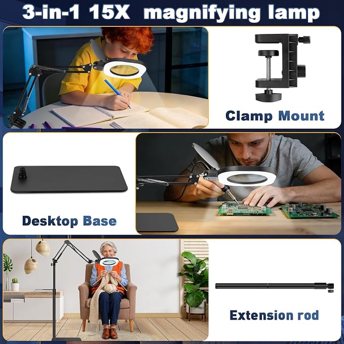 Magnifying Glass with Light and Stand,15x 3in1 Magnifying Lamp, 5 Color Stepless Dimmable,80 Led Desk&Floor Lamp with Lighted Magnifying Glass,Hands Free Magnifying Glasses for Close Work