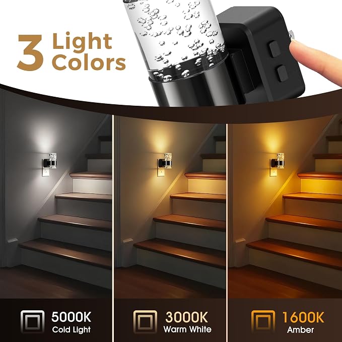 L LOHAS LED Night Lights Plug into Wall 2 Pack, Dimmable Night Light with Dusk-to-Dawn Sensor, Cool White/Soft White/Amber 3 Color Light, Adjustable Brightness, Bubble Nightlight with Rotatable Plug
