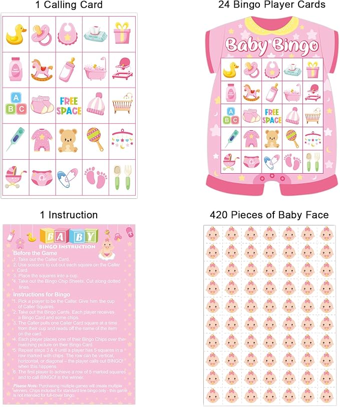 Baby Shower Bingo Cards - 24 Guests Pink Newborn Baby Bingo for Shower Party Supplies