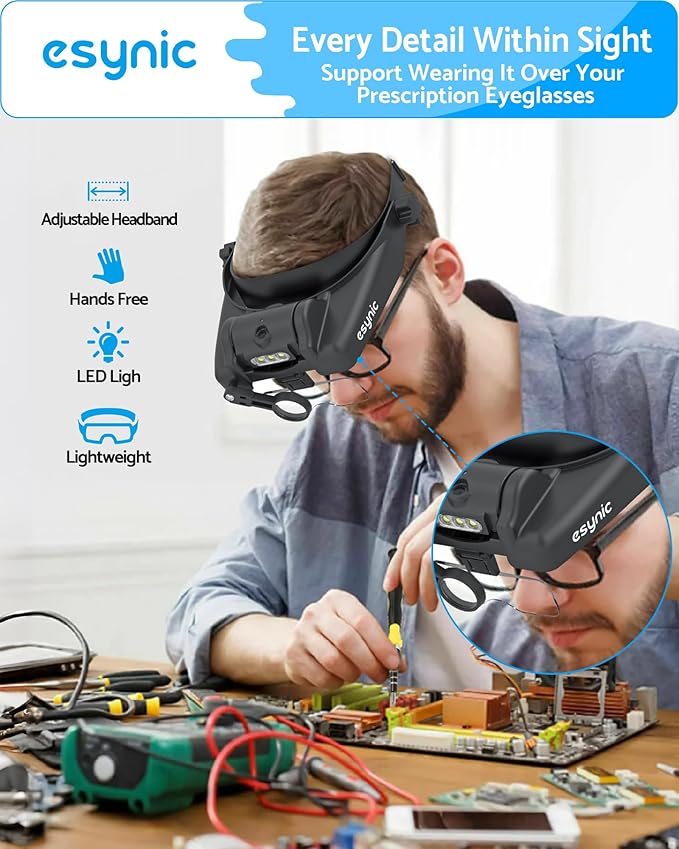 eSynic USB C Rechargeable Head Magnifier Wear Comfortably Magnifying Headset with A Carrying Case-1 to 14X Magnification 5 Acrylic Lenses 3 LED Lights Headband Magnifying Glass for Reading Crafts