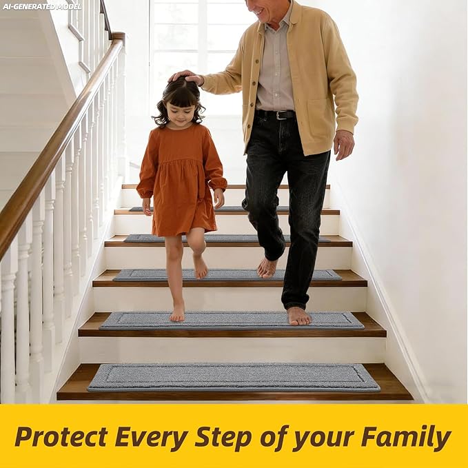 JSEI Stair Treads for Wooden Steps Indoor, 15-Pack, 30" x 8", Light Grey | Non Slip Stair Treads, Washable Polyester Stair Mats with TPE Backing, Low Profile Stair Rugs for Kids, Seniors and Dogs