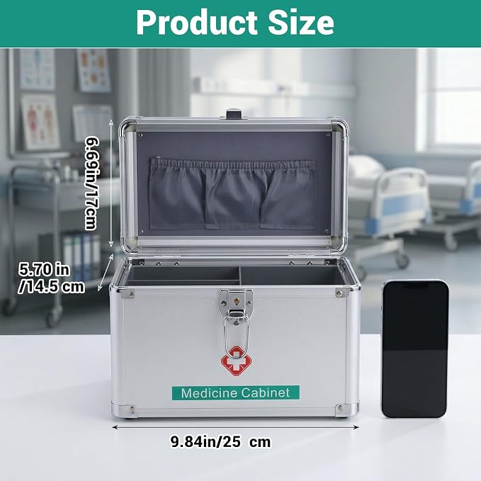 Medicine Lock Box with Keys, 10" x 6.7" x 5.7" First Aid Box, Handle Portable Medication Storage Lock Case, Small Medical Box Organizer Safe Layered Aluminum Daily Medicine Lockable Cabinet