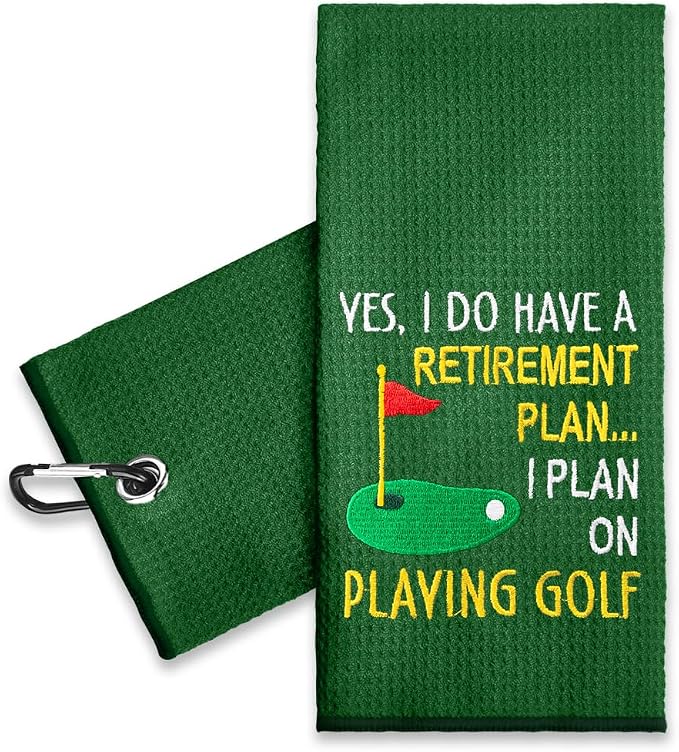 ERHACHAIJIA Yes I'd Have A Retirement Plan Embroidered Golf Towel for Men | Funny Golf Accessories Gifts for Men Women Golfer Grandma Grandpa Mom Dad, Father's Day Retirement Gifts, With Carabiner Clip