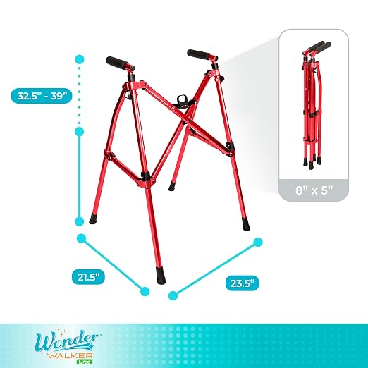 Stander Wonder Walker Lite, Lightweight Folding Mobility Aid for Adults, Seniors, and Elderly, Collapsible Travel Assistant with Rubber Feet for Support, Sport Red