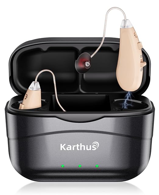 Karthus OTC Hearing Aids for Seniors, Rechargeable Behind-Ear Hearing Aids for Mild to Moderate Hearing Loss, Clear Conversations, No App, Easy One-Button Control, 100H Battery, Matt Black