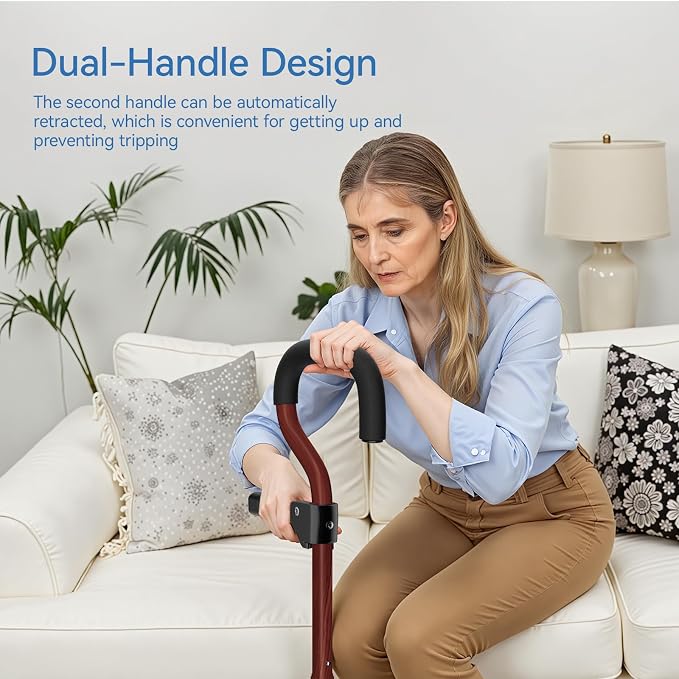 KingPavonini Canes for Women/Men with Second Handle, Foldable & Adjustable Walking Cane with 4-Pronged Base, Quad Cane for Stability, Standing, Balance, Leg Surgery Recovery