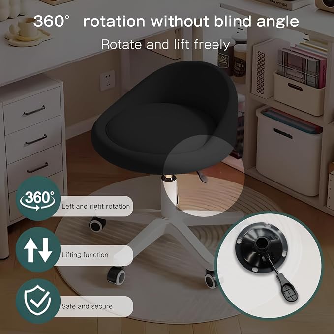 Rolling Stool – Ergonomic Swivel Seat, Adjustable Height, Ultra-Quiet Wheels, Padded PU Leather Cushion, for Salon, Office, Massage & Medical Use Black sap1
