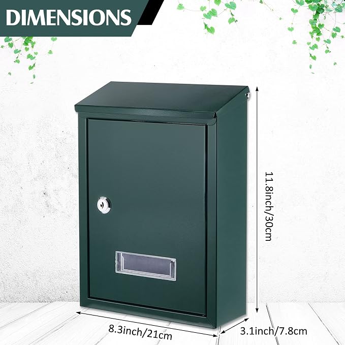 Amylove Weatherproof Mail Boxes with Key Lock, Security Locking Wall Mount Metal Mailbox with Slot for Outside, Large Capacity for Mail, Packages, Donations, Voting 11.8" H x 8.3" L x 2.8" W, Green