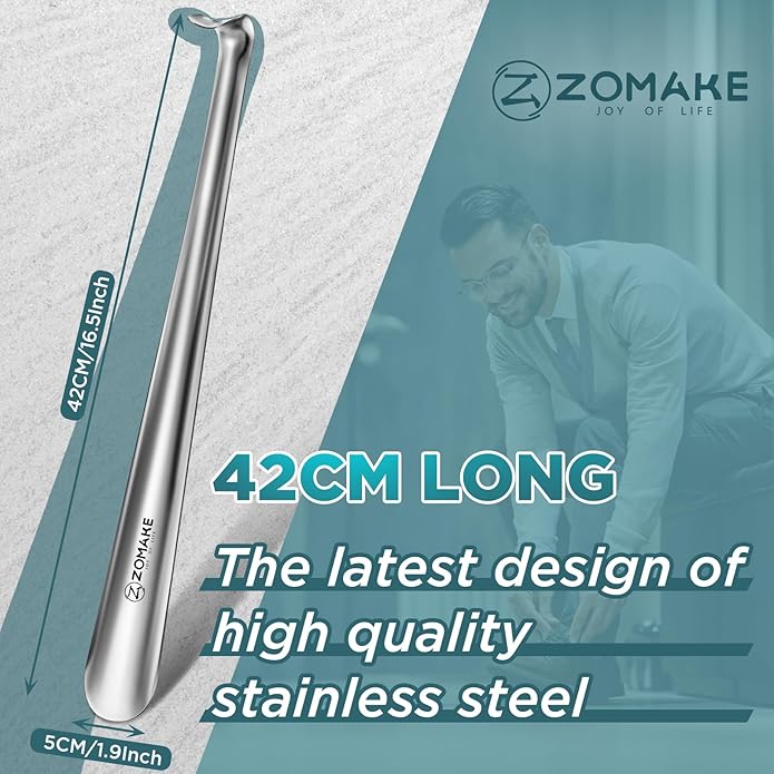 ZOMAKE Metal Shoe Horn Long Handle for Seniors 16.5 Inch,Long Shoehorn Stainless Steel Shoe Spoon Shoe Helper for Men Women