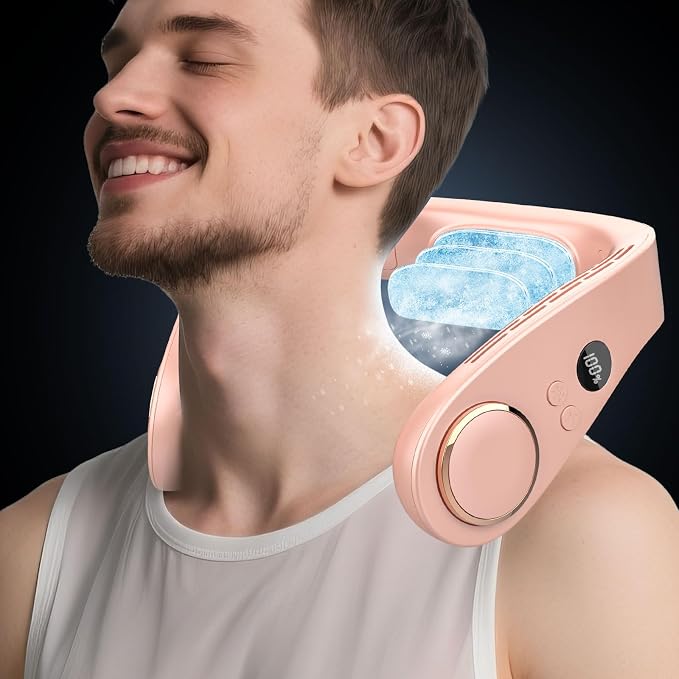 Neck Fan that Blow Cold Air with Cooling Plate, Recharable 5500mAh Battery Powered, Potable Silent Mini Neck Air Conditioner, Cordless Leafless Quiet Face Fans for Kid Adults Travel Work Sports, Pink