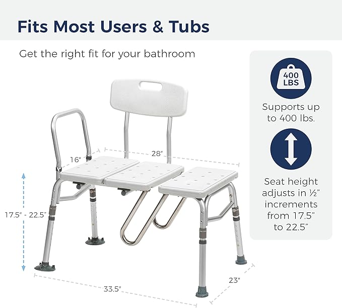 Drive Medical Splash Defense Tub Transfer Bench for Bathtub - U-Shaped Shower Curtain Guard - Adjustable Height - Reversible Design - 400 Lb Capacity - Safe Bathing Aid - White