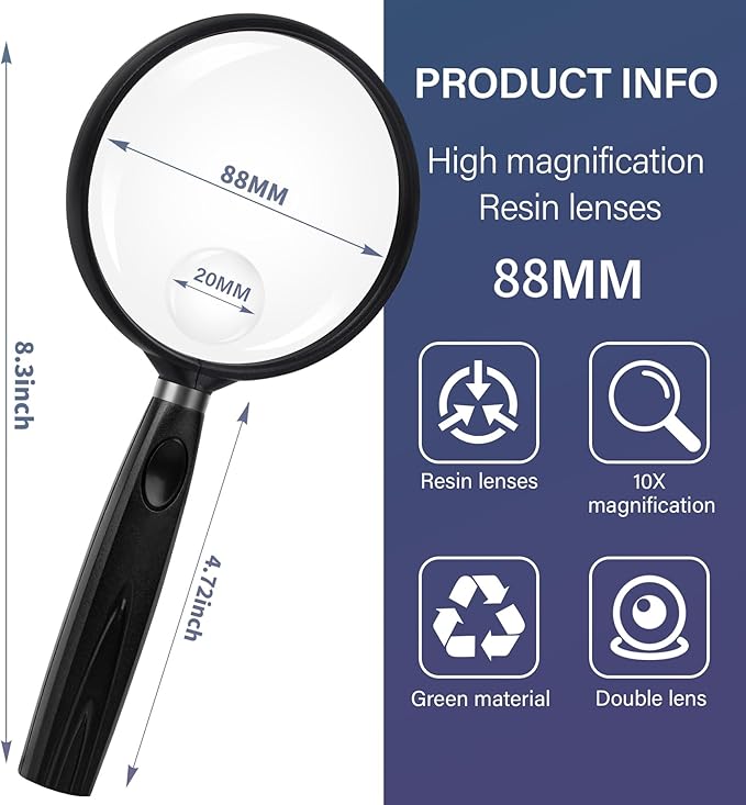 Feosky Handheld Reading Magnifier, 10X Magnifier, 90mm Shatterproof Lens, Non-Slip Handle for Adults Close Work, Seniors Reading and Nature Exploration, Hobby Observation(Black)