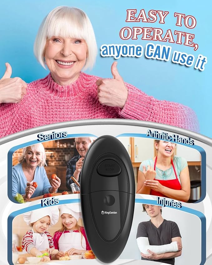 Electric Can Opener, A Touch Automatic Hands Free Can Opener with Smooth Edge, Battery Operated, Safe & Easy for Seniors with Arthritis, Kitchen, Left-Handed & Weak Hands (Black)