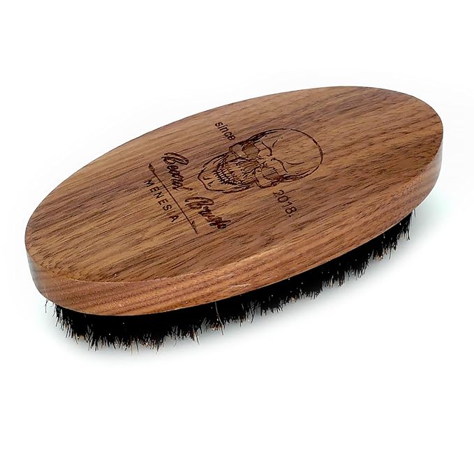 Walnut Wood Boar Bristle Beard Brush for Men | Soft & Smoothing Boar Bristles, Skull Print, Small Pocket Travel Size
