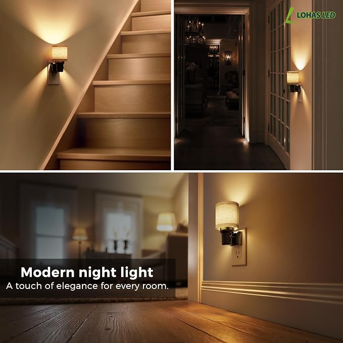 L LOHAS LED Night Lights Plug into Wall,Linen Fabric Cylinder Night Light | Dusk to Dawn Sensor Vintage Nightlight, 3000K Soft Warm 0-100LM Dimmable, Decor for Bedroom Living Room Hallway