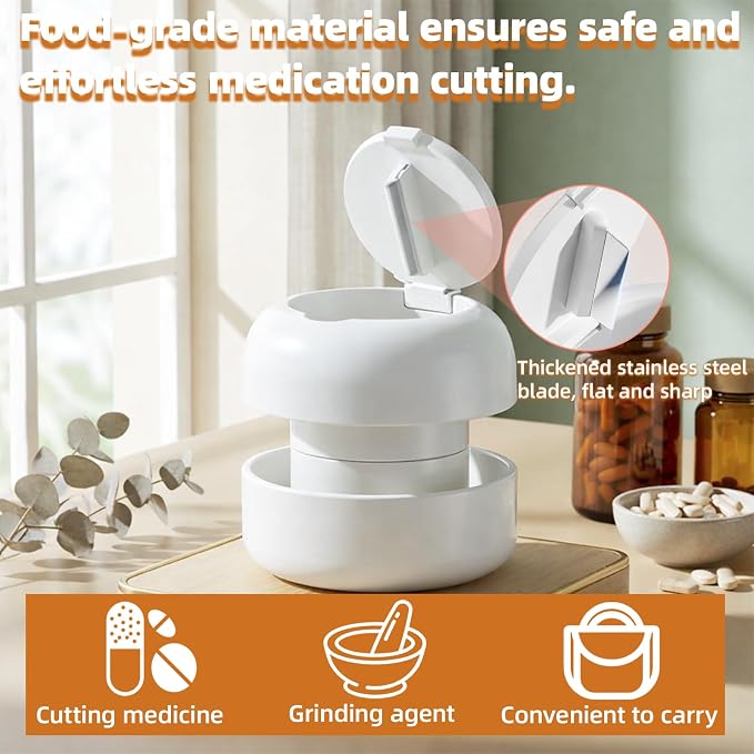 Pill Cutter Splitter for Small and Tiny Pills, 2-in-1 Mini Pill Crusher Grinder, Precise Cutting for Pills Vitamins, Portable for Travel & Pet (White)