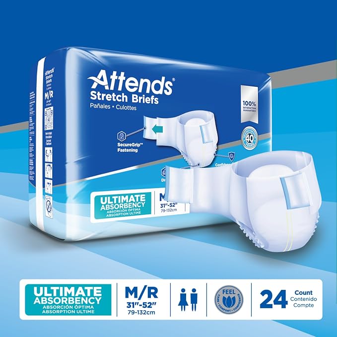 Attends Stretch Adult Incontinence Disposable Briefs, Medium/Regular 31"-52" Waist with SecureGrip Tab Closure, Ultimate Absorbency with Dry-Lock Containment Core and Breathable Side Panels, 96ct Case