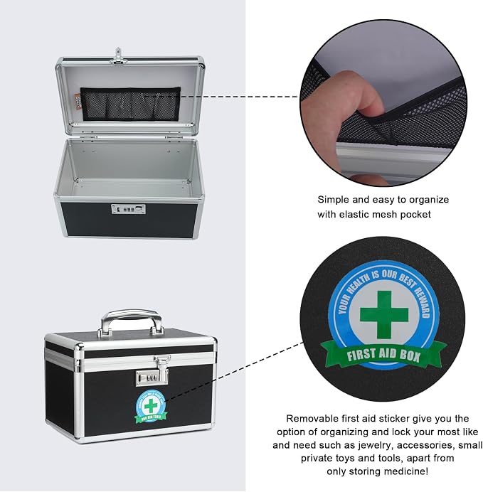 Medication Lock Box with Combination, Lockable Medicine Storage Box, Empty First Aid Box, Security Lock Box, Medical Organizer, Multipurpose Locking Box for Home and Outdoor (Black, Medium)