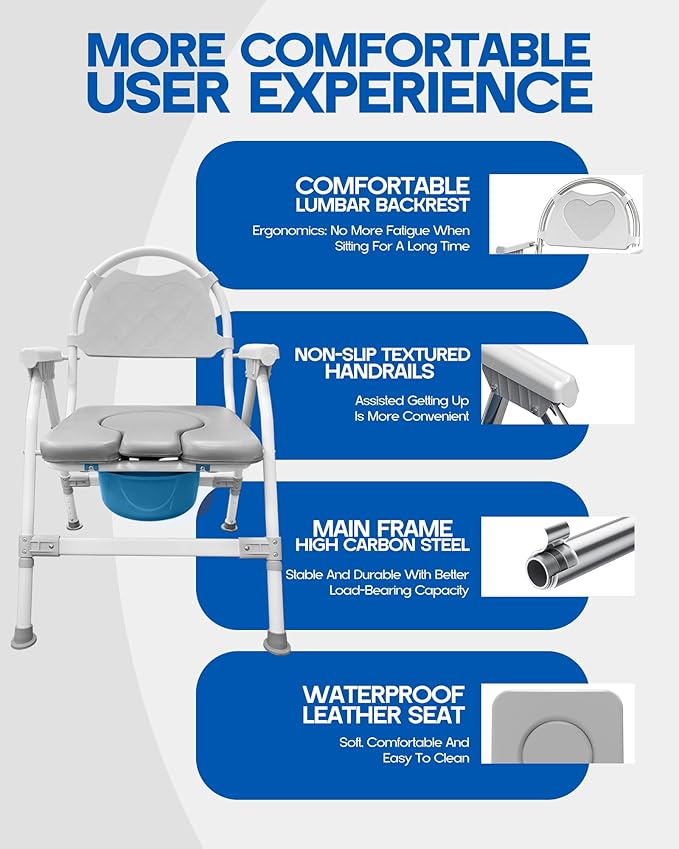 Heavy Duty 4-in-1 Portable Bedside Commode Chair for Elderly & Disabled, Extra-Wide & Adjustable Height, Folding Over-Toilet Chair with Armrests & Back Support, Holds Up to 350 lbs, Easy to Clean