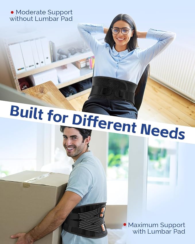 FEATOL Back Brace for Men Lower Back and Women, Removable Dual-Side Spine Lumbar Pad with Snug Fit, Adjustable Support Belt for Work, Orange, Size M 29.5-34.5"