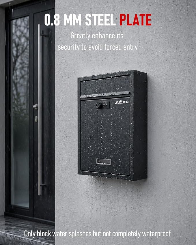 Uniclife Wall Mount Mailbox for Outside, Large Locking Mailbox, Black | Security Mail Box with Combination Lock, Safe Key Drop Box, Post Box, Steel Cash Drop Box for Home Office School