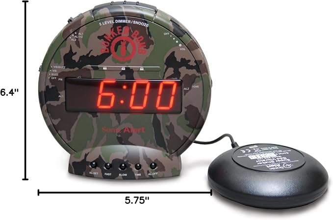 Sonic Bomb Dual Alarm Clock with Bed Shaker, Camouflage | Sonic Alert Vibrating Alarm Clock Heavy Sleepers, Battery Backup | Wake with a Shake