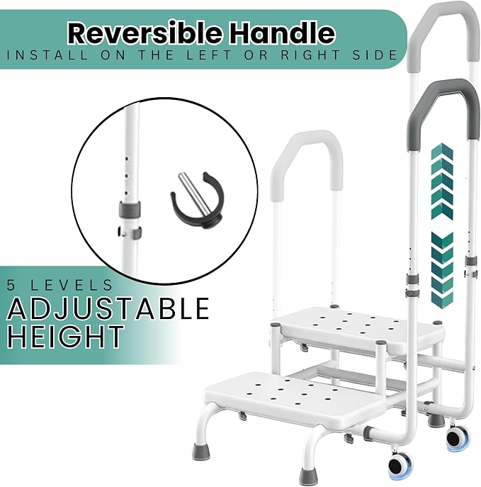 2 Step Stool with Handle & Wheels for Seniors, for Grandpa White | 400 lbs Capacity, Heavy Duty Bed Step for High Beds, Adjustable 5-Level Handrail, Non-Slip Wide Steps, Non-Skid Rubber Feet