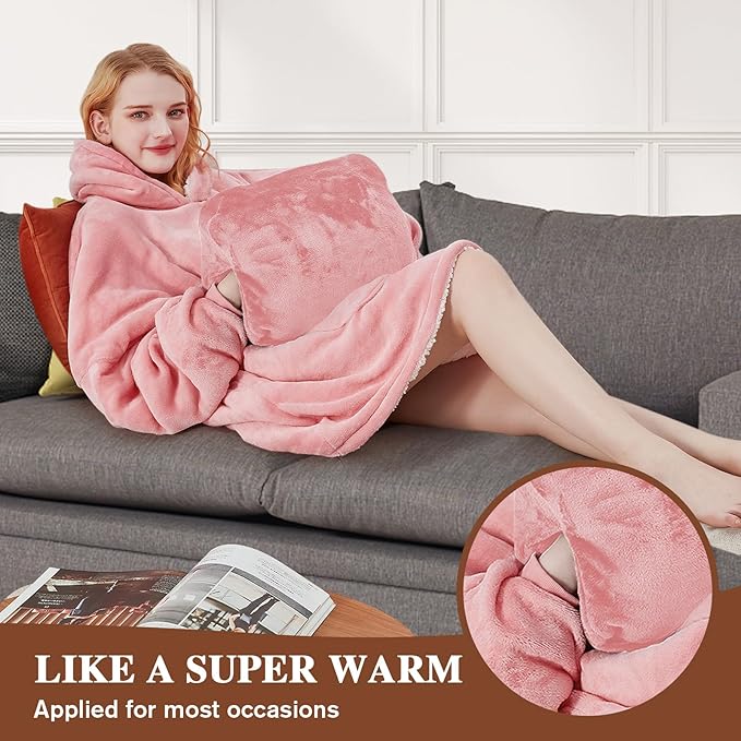 JOYWOO Pink Foldable Wearable Blanket Hoodie,Oversized Cat Lovers Sweatshirt Blanket for Adult, Birthday Gifts for Women,Mom,Men,Cozy Sherpa Hooded Blanket with Giant Pocket and Winter Gifts