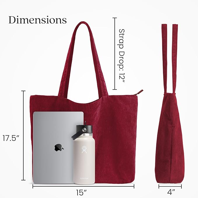 VANDEL Corduroy Tote Bag for Women and Men with Zipper and Inner Pockets. Cute School Tote Bag with Zipper, Aesthetic