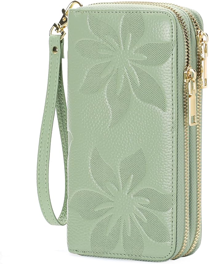 GOIACII Women's Wallet Large Capacity Double Zip Ladies Card Phone Holder RFID Blocking Wristlet Leather