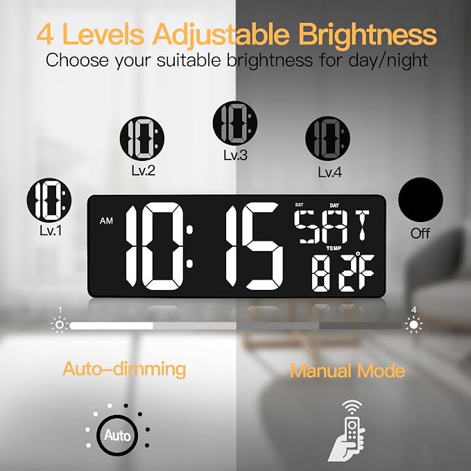 XREXS 17.2" Digital Wall Clock with Remote Control, Bluetooth Sync Time LED Digital Clock for Living Room Decor, Auto DST, Temperature for Living Room, Gift for Elderly and Teens