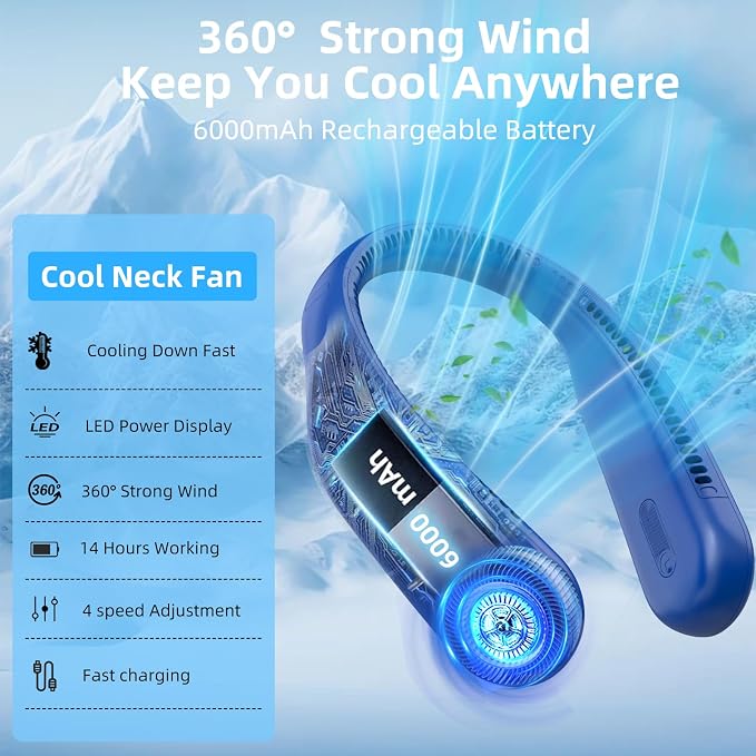 Portable Neck Fan, Personal Wearable Bladeless Fan, 6000mAh USB Rechargeable, 360° Airflow, LED Display, 4-Speeds, Hands Free Fan for Outdoor Indoor, Birthday Gifts for Men Women Dad Mom (Navy)