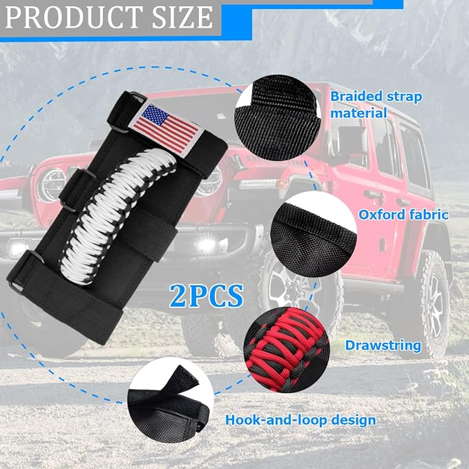2PCS Car Roll Bar Grab Handles, Oxford Cloth American Flag ATV Paracord Grip Handle with Metal Buckle, Heavy Duty UTV Roll Cage Grab, Compatible with Wrangler JL, JT, JK (White)