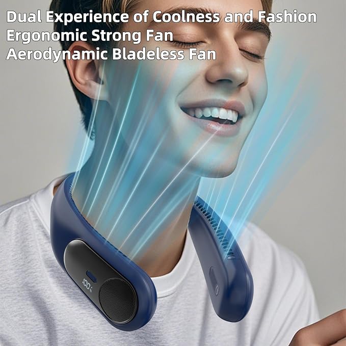 Portable Neck Fan, Personal Wearable Bladeless Fan for Outdoor Indoor, LED Display, 360° Cooling, 4-Speeds, 6000mAh USB Rechargeable, Birthday Gifts for Men Women Dad Mom (Blue)
