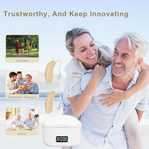 Rechargeable Hearing Aids for Seniors - Noise-Canceling Behind-the-Ear Amplifiers with Stepless Volume Control, Lightweight & Comfortable for Daily Use