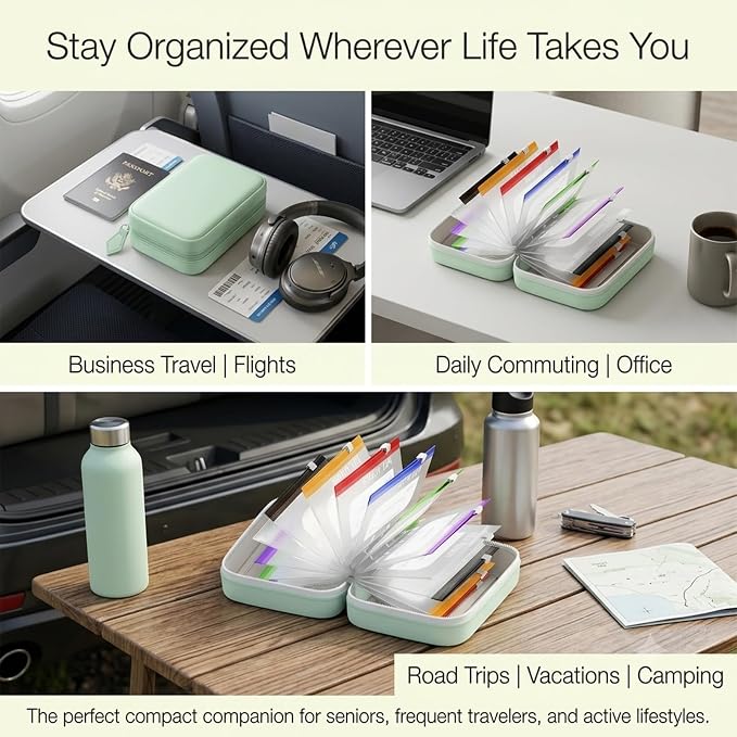 Travel Pill Organizer Binder with 14 Color-Coded Zipper Pouches(1 Pink) | Waterproof PU Exterior • Flexible 3-Ring System • Writable Labels • Crush-Resistant Shell