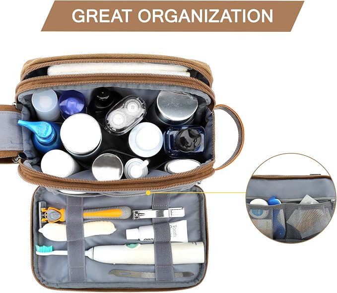BAGSMART Toiletry Bag for Men, Canvas Travel Toiletry Organizer Dopp Kit Water-resistant Shaving Bag for Toiletries Accessories,Khaki-Medium
