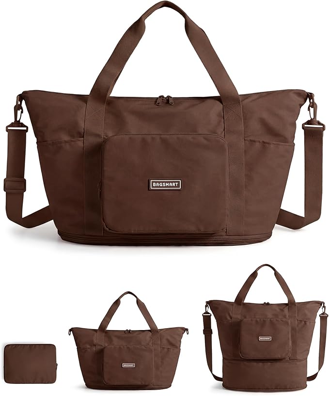 BAGSMART Foldable Travel Bag, 37L Expandable Personal Item Bag, Lightweight Weekender Bags for Women, Water Resistant Extra Carry on for Travel, Chocolate