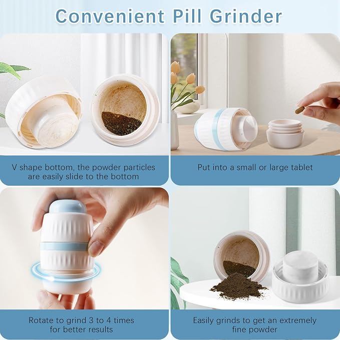 4 in 1 Pill Crusher | Pill Grinder | Pill Organizer, Pill Cutter 1/2 & 1/4 Splitter for Small and Tiny Pills Travel Pill Tablet Cutter Pill Crushing Grinding Machine, Easy Cleaning with 3’’ Brush