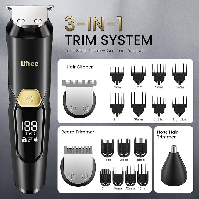 Ufree 3-in-1 Beard Trimmer for Men, IPX6 Waterproof Electric Razor Shaver | Beard, Nose, Hair, Stainless Steel Blades, USB-C Fast Charge, 120-Min Usage, 8000 RPM, Wet and Dry, LED Display, Travel Lock