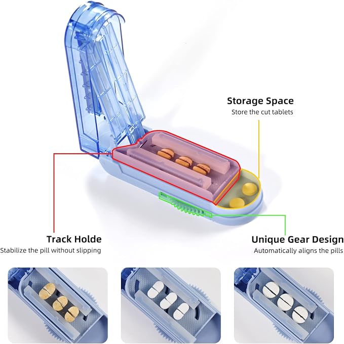 Multiple Pill Splitter, Adjustable Pill Cutter, Stainless Steel Cutting Blade & Blade Guard, with Accurate Pill Alignment, for Cutting Small Pills or Large Pills in Half (Blue)
