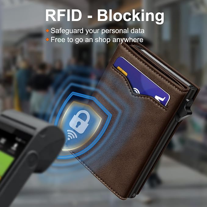 Wallet for Men,with Cash Pocket 2 ID Window 9-13 Cards,Metal Case Smart Slim Pop Up Credit Card Holder Flip with Magnetic Closure RFID Blocking Trifold wallet with Gift Box