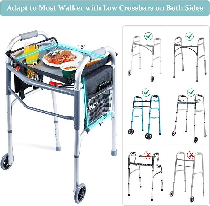 BAGSFY Walker Tray w/Side Pocket for Folding Walkers – Walker Accessory for Seniors with Cup Holder, Non-Slip Mat, and Easy Installation – Universal Fit Walker Table for Meals, Drinks, Reading