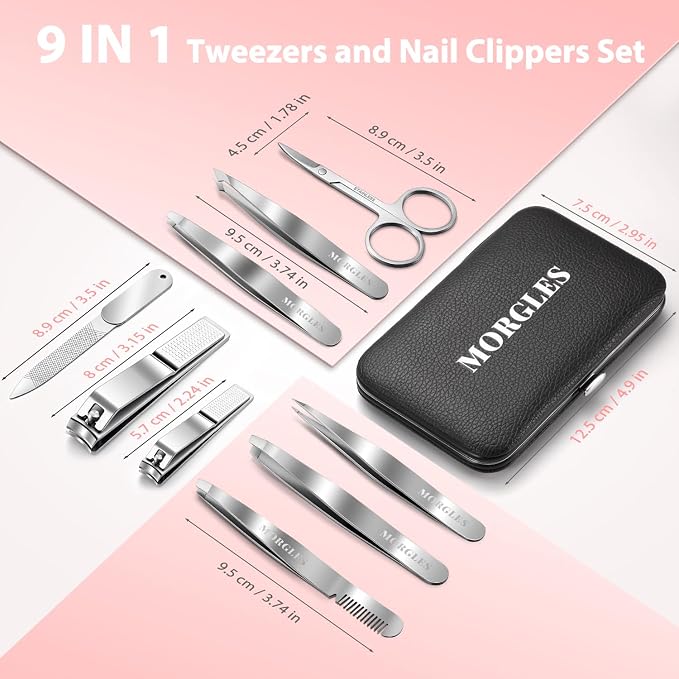 MORGLES Tweezers Set for Men 9 Pcs Nail Clipper Kit with Case for Grooming | 5 Tweezers, Clippers, Scissors, Rust-Proof Steel, Travel Press-On Case, Gift for Him/Her, for Splinters, Brows, Facial Hair