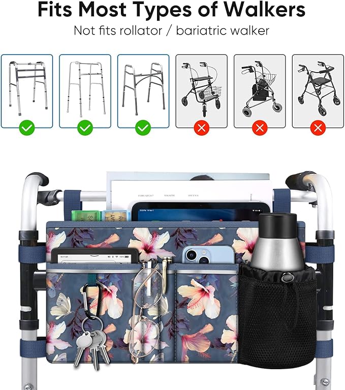 FINPAC Large Walker Tote Bag with Cup Holder, Folding Walker Attachment Hands-Free Storage Basket Mobility Aid Accessory Pouch for Elderly, Senior, Blooming Hibiscus